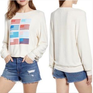 Wildfox Cream Pullover Sweatshirt with Red & Blue Flag Print